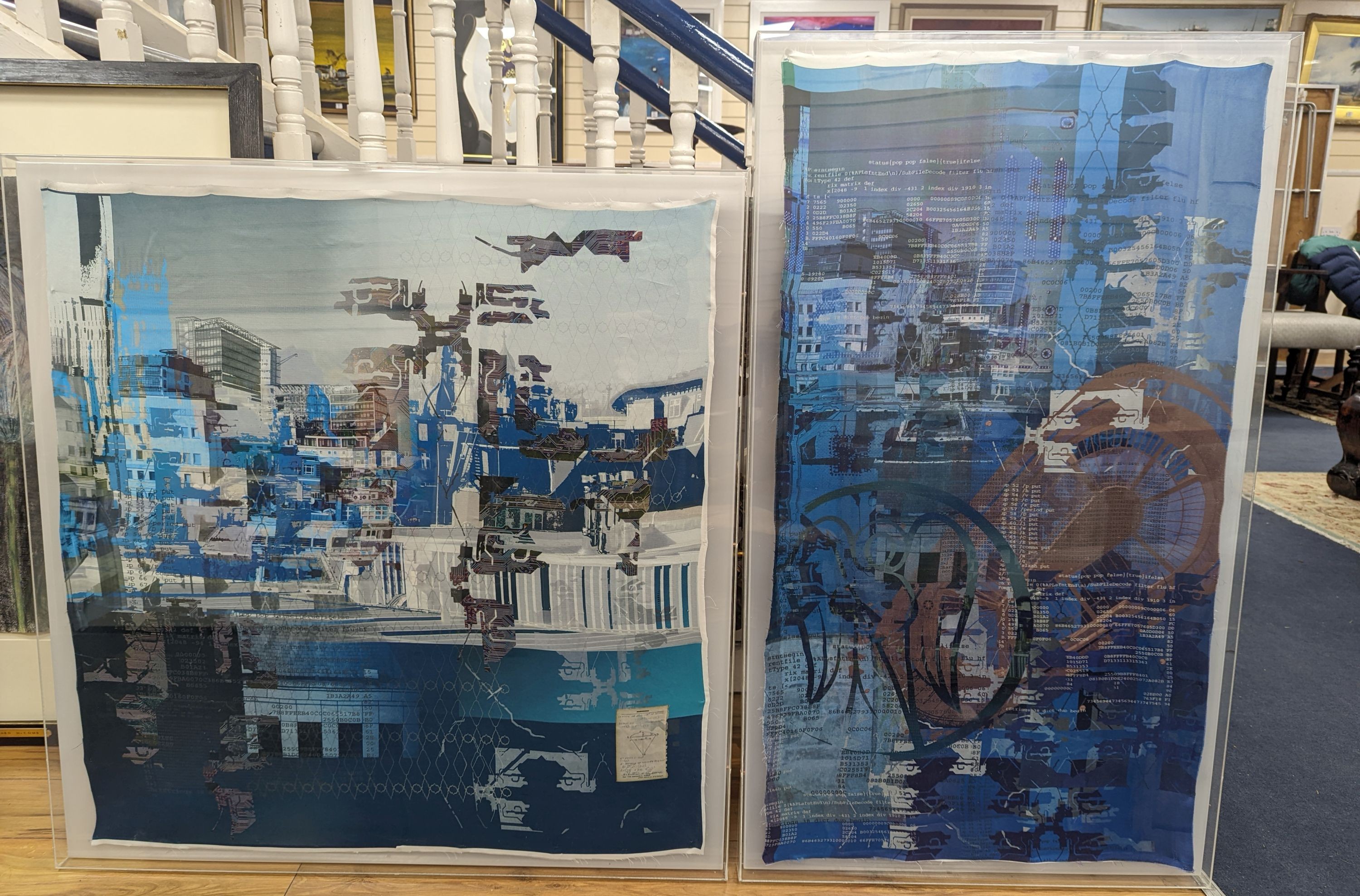 Neil Bottle (Contemporary), two printed silk panels, Untitled, 90 x 87cm and 108 x 60cm